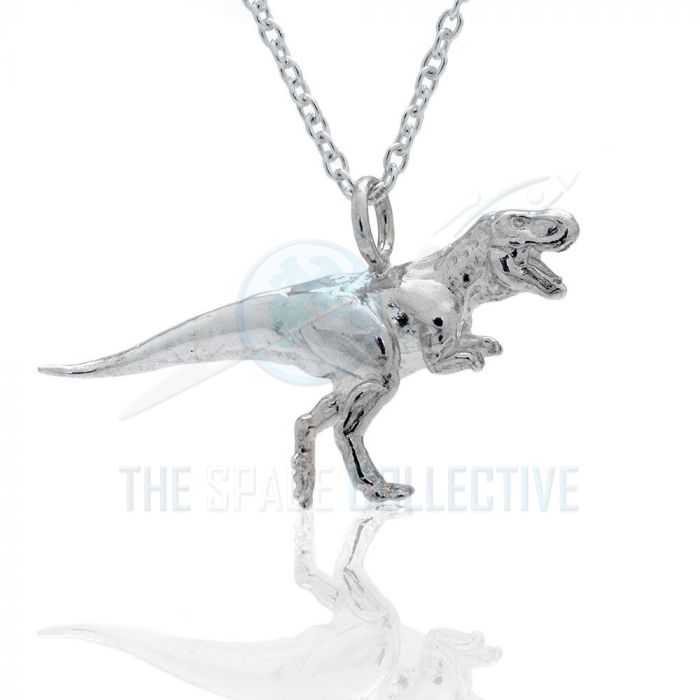 Silver Tone T Rex Dinosaur Pendant Necklace Geeky/Cute Tyrannosaurus 