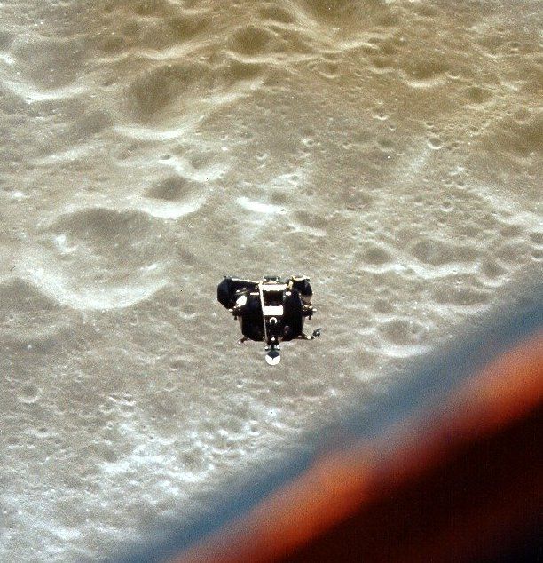 Apollo 10 lunar module seen against lunar surface from command module