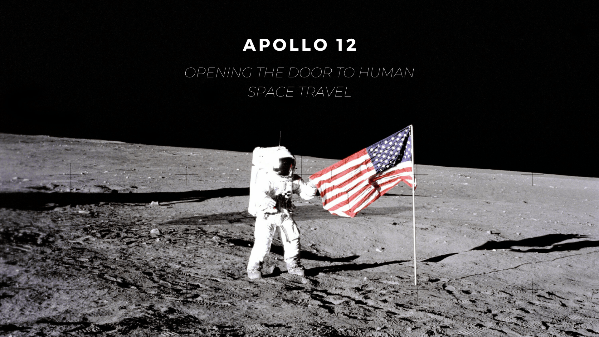 Astronaut Conrad with American flag on Moon surface