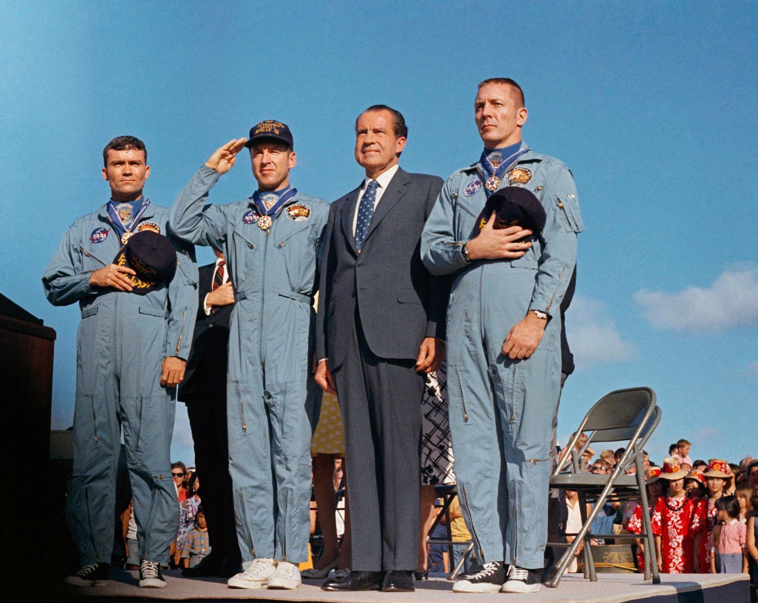 Apollo 13 crew with President Nixon after landing