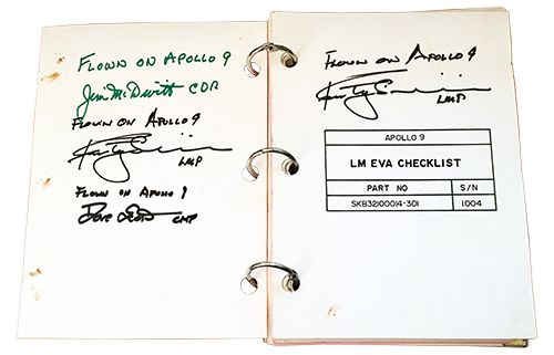 apollo 9 lunar module eva checklist signed by the entire crew