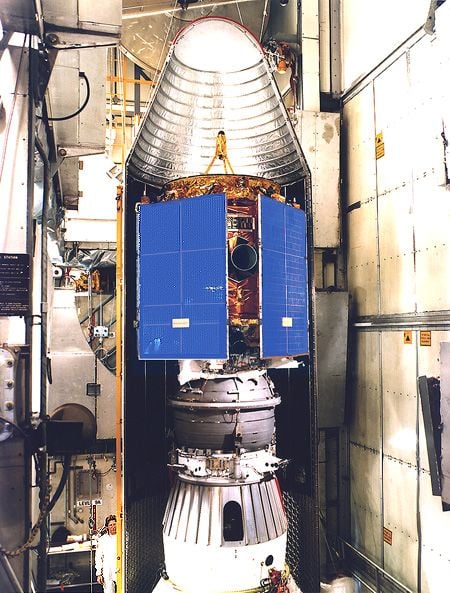 NEAR spacecraft inside its Delta II rocket pre-launch